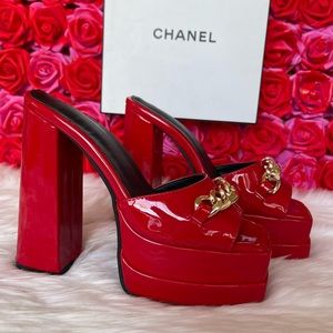 Red Chain Embellished High Platform Heels